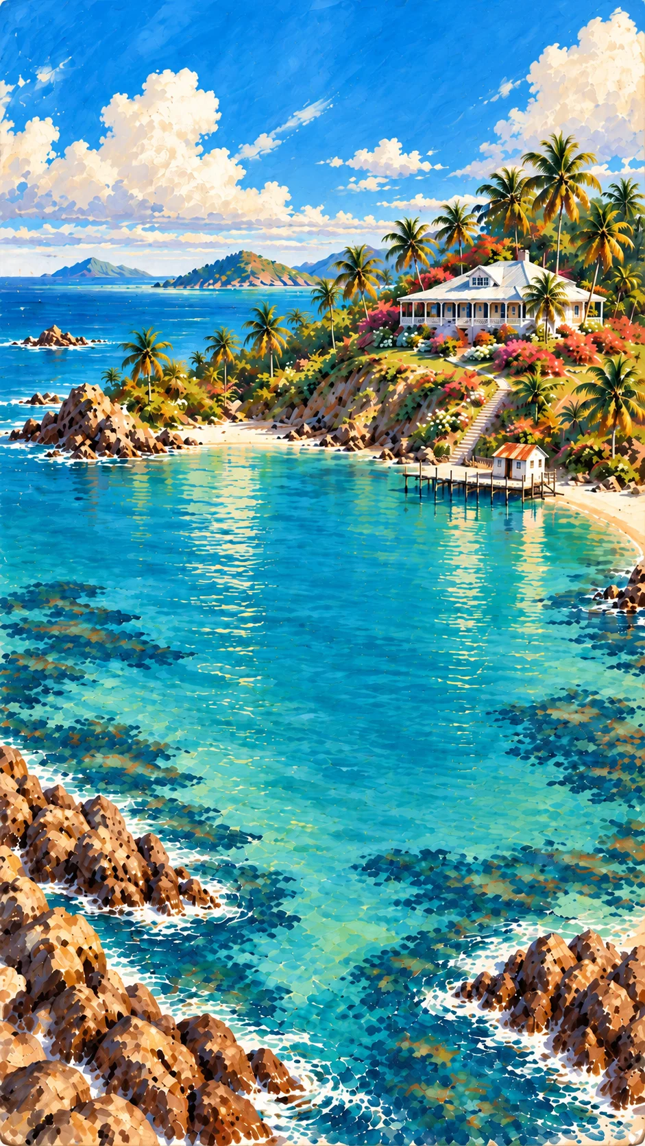 A turquoise Caribbean cove with a white plantation house among palm trees