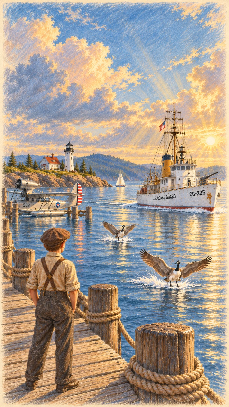 A boy on a wooden dock watching a seaplane and a Coast Guard cutter at sunrise