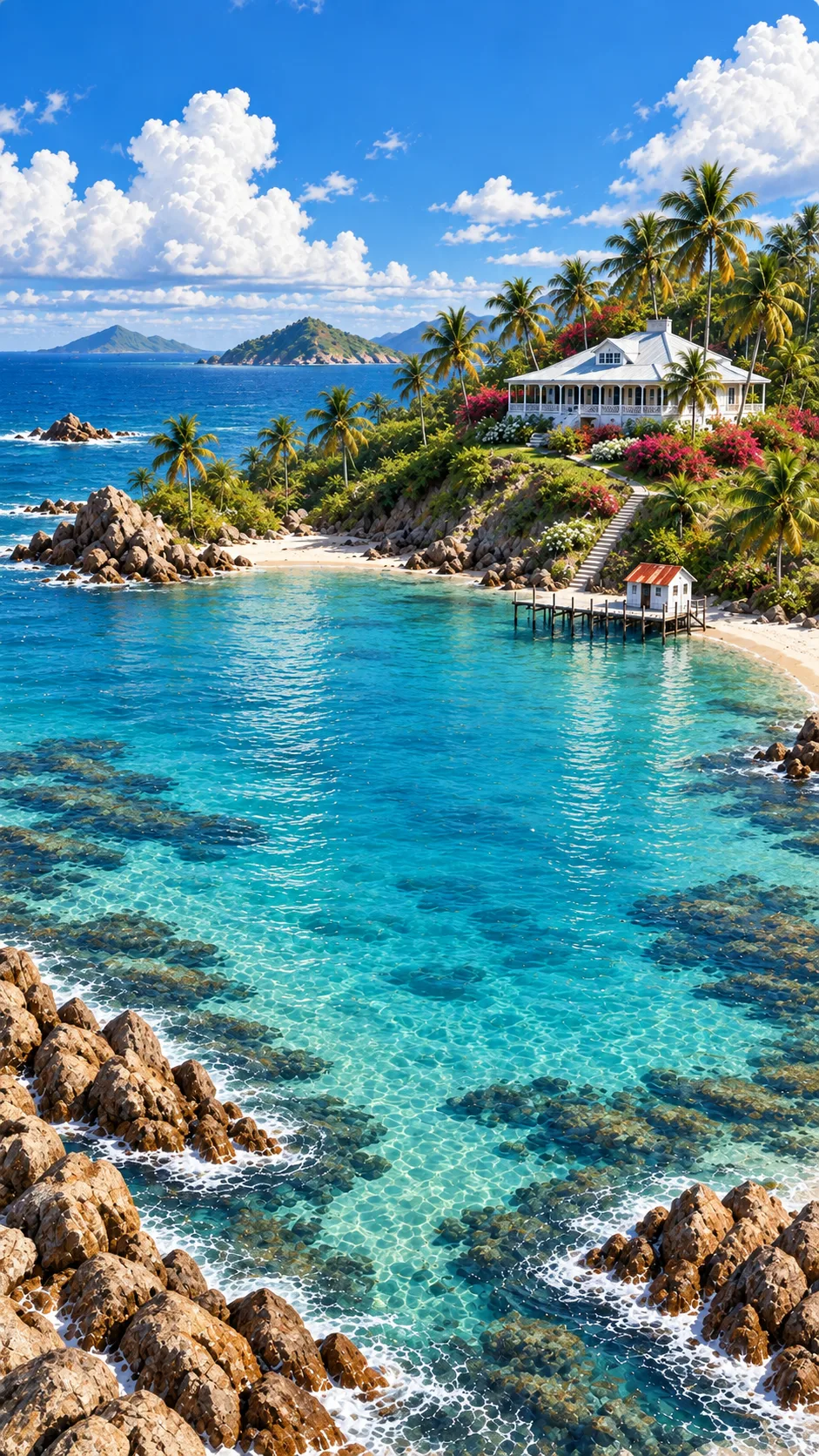 A turquoise Caribbean cove with a white house among palm trees and a small dock